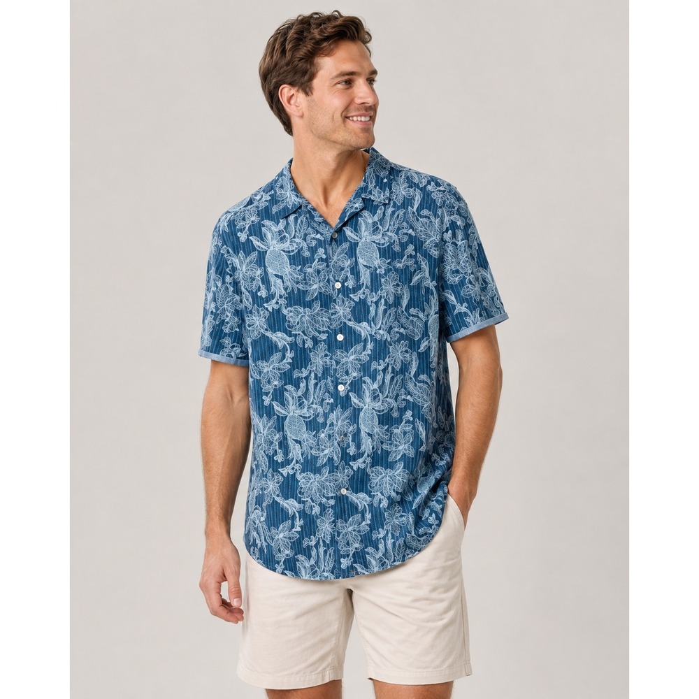 Alan Flusser Blue Tropical Botanical Button Up Shirt Men's XL Cotton